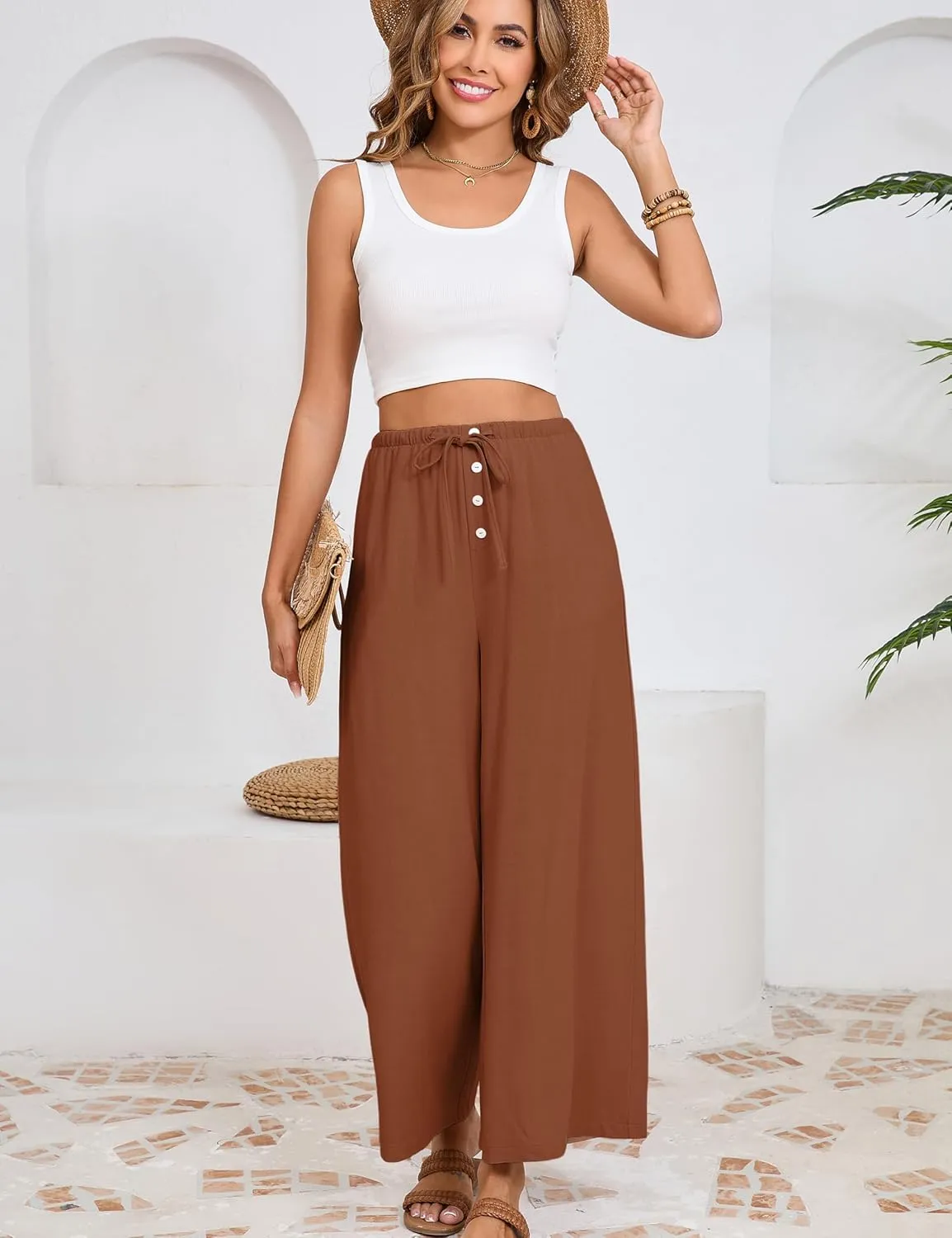 Fiona Jolin Womens Cotton Linen Pants Summer Casual Beach Pants Drawstring Flowy Wide Leg Palazzo Trousers with Pockets
