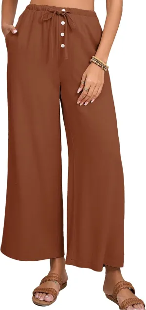 Fiona Jolin Womens Cotton Linen Pants Summer Casual Beach Pants Drawstring Flowy Wide Leg Palazzo Trousers with Pockets