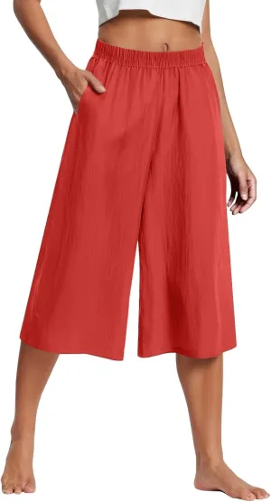 GOFULY Capri Pants for Women Cotton Lined Wide Leg Summer Pants Drawstring Elastic Waist Trendy Capris Trousers with Pockets