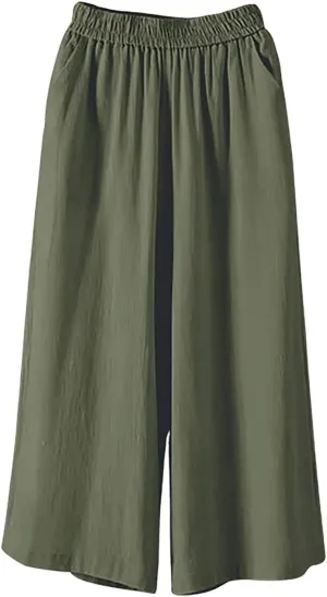 GOFULY Cotton Linen Pants Women Wide Leg Straight Loose Drawstring Elastic Waist Palazzo Pants Casual Trousers with Pockets