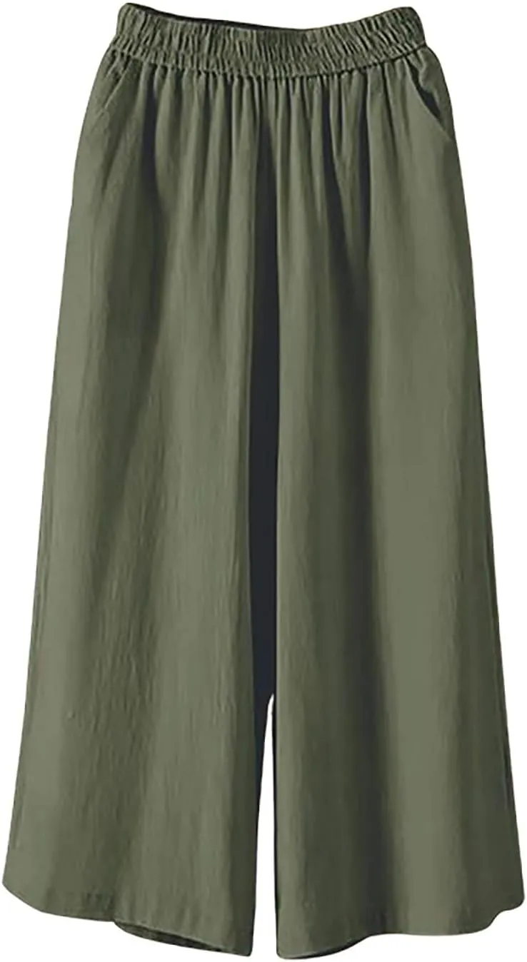 GOFULY Cotton Linen Pants Women Wide Leg Straight Loose Drawstring Elastic Waist Palazzo Pants Casual Trousers with Pockets