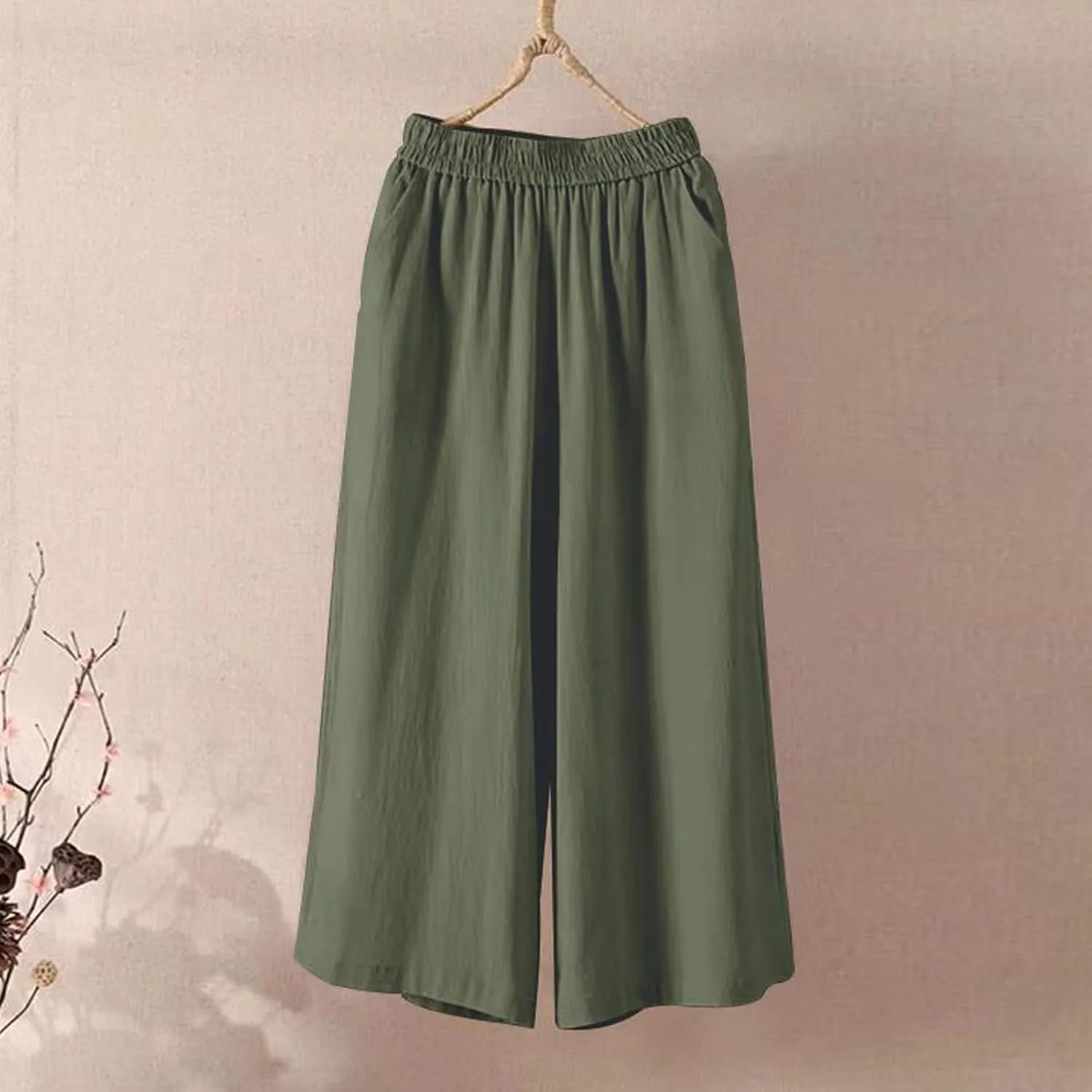 GOFULY Cotton Linen Pants Women Wide Leg Straight Loose Drawstring Elastic Waist Palazzo Pants Casual Trousers with Pockets