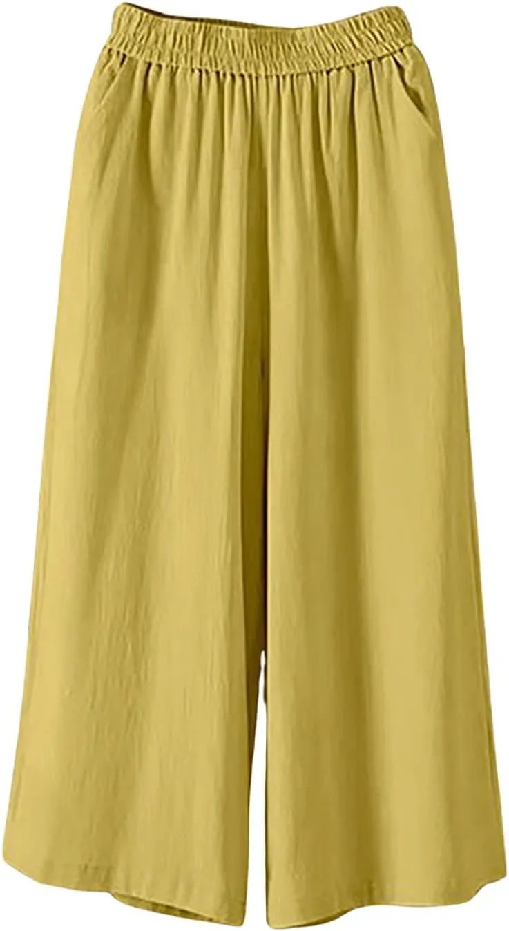 GOFULY Cotton Linen Pants Women Wide Leg Straight Loose Drawstring Elastic Waist Palazzo Pants Casual Trousers with Pockets