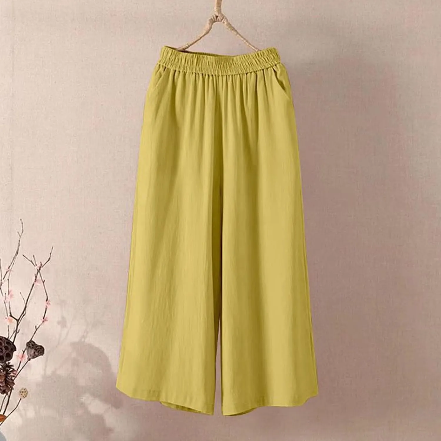 GOFULY Cotton Linen Pants Women Wide Leg Straight Loose Drawstring Elastic Waist Palazzo Pants Casual Trousers with Pockets