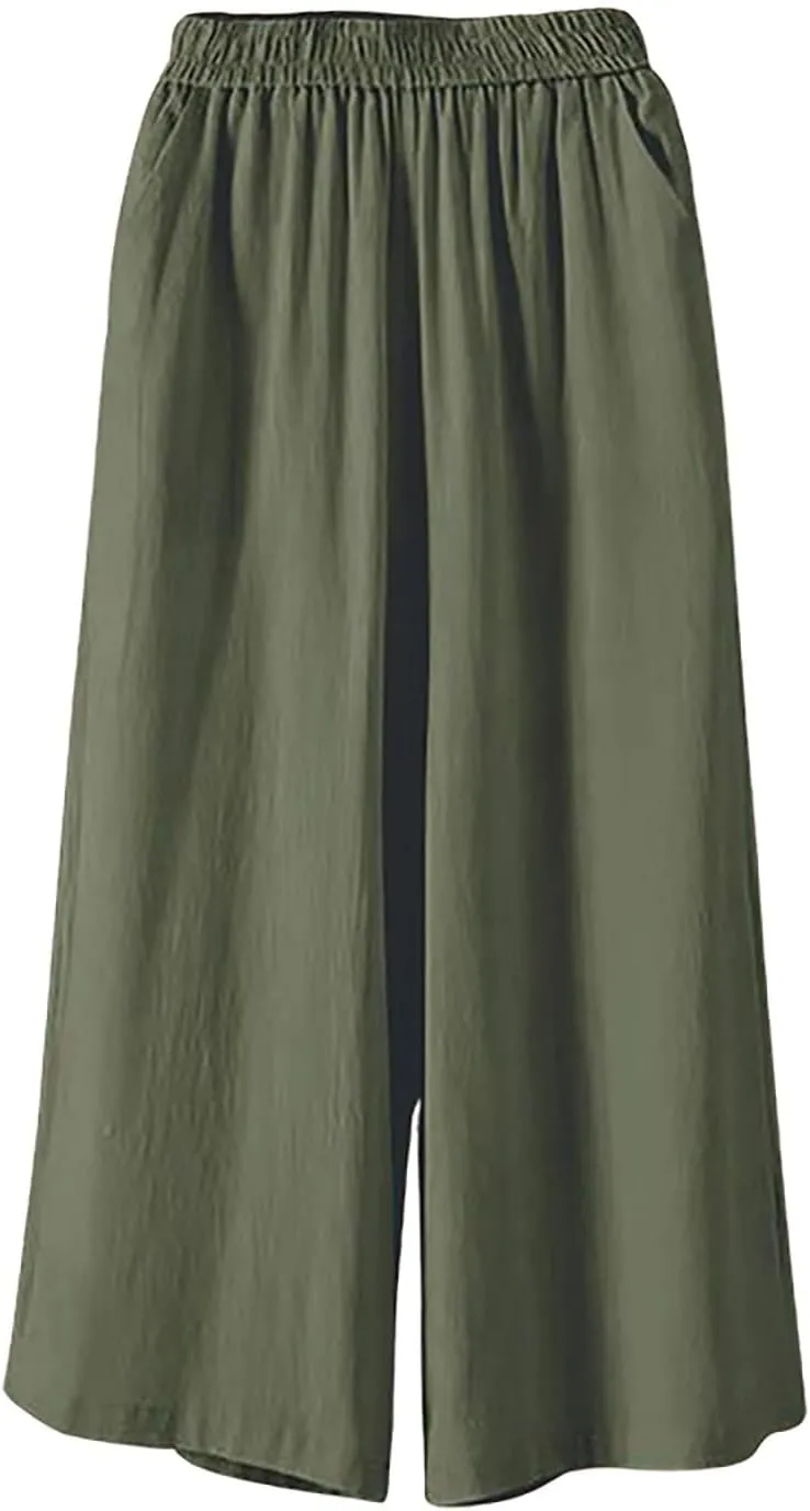 GOFULY Cotton Linen Pants Women Wide Leg Straight Loose Drawstring Elastic Waist Palazzo Pants Casual Trousers with Pockets