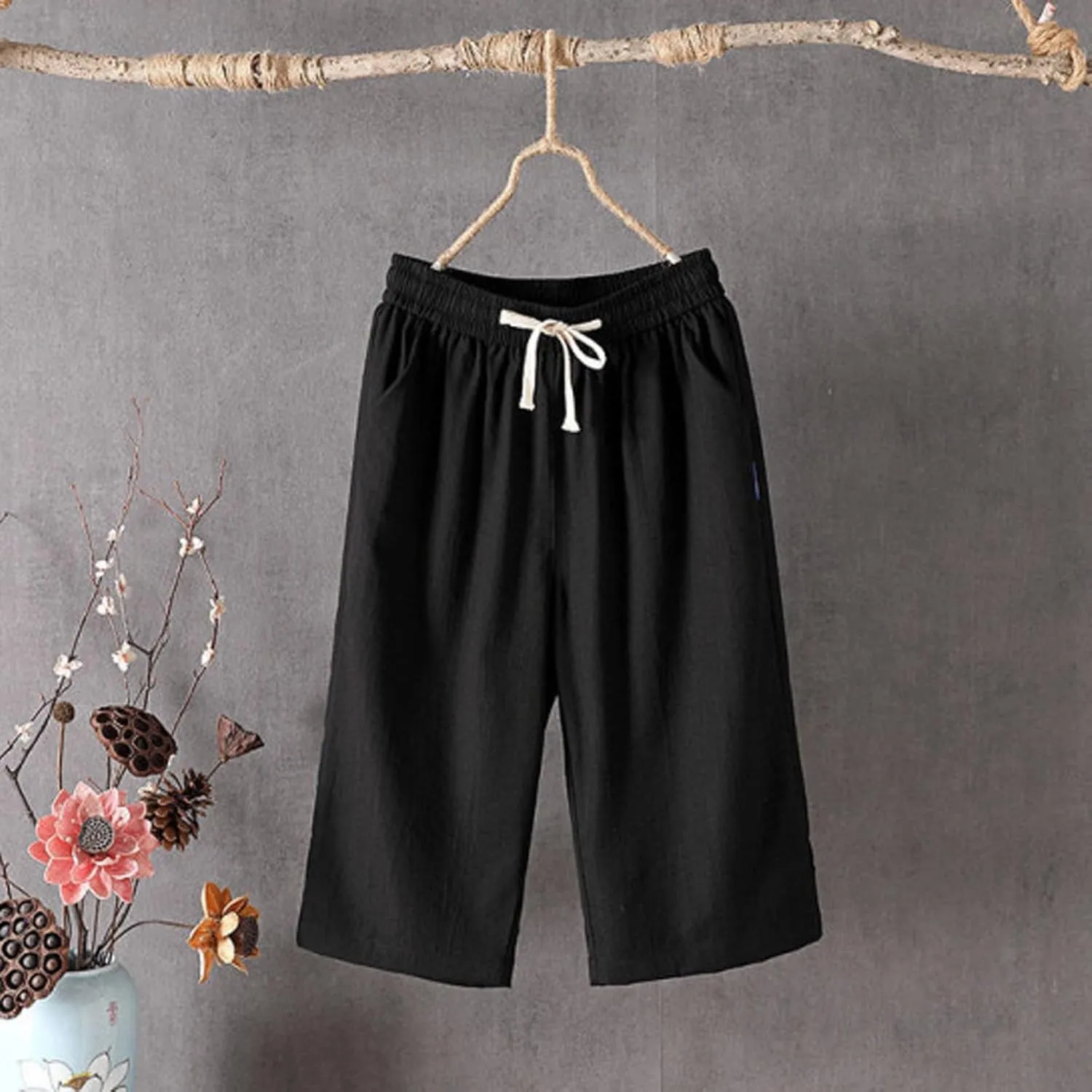 GOFULY Cotton Linen Pants Women Wide Leg Straight Loose Drawstring Elastic Waist Palazzo Pants Casual Trousers with Pockets
