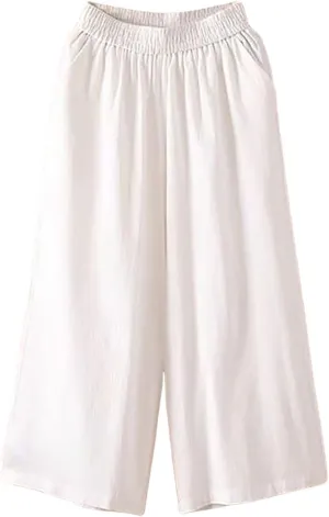 GOFULY Womens Cotton Linen Pants Wide Leg Casual Drawstring Elastic Waist Palazzo Pants Plus Size Trousers Pants with Pockets
