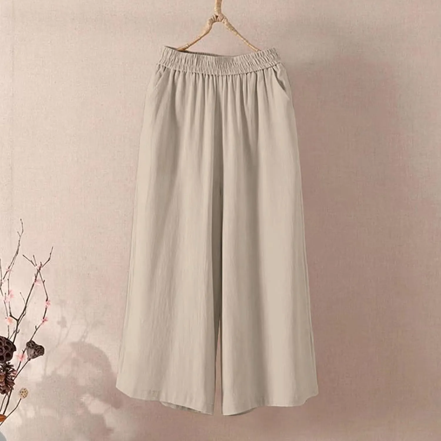 GOFULY Womens Cotton Linen Pants Wide Leg Casual Drawstring Elastic Waist Palazzo Pants Plus Size Trousers Pants with Pockets