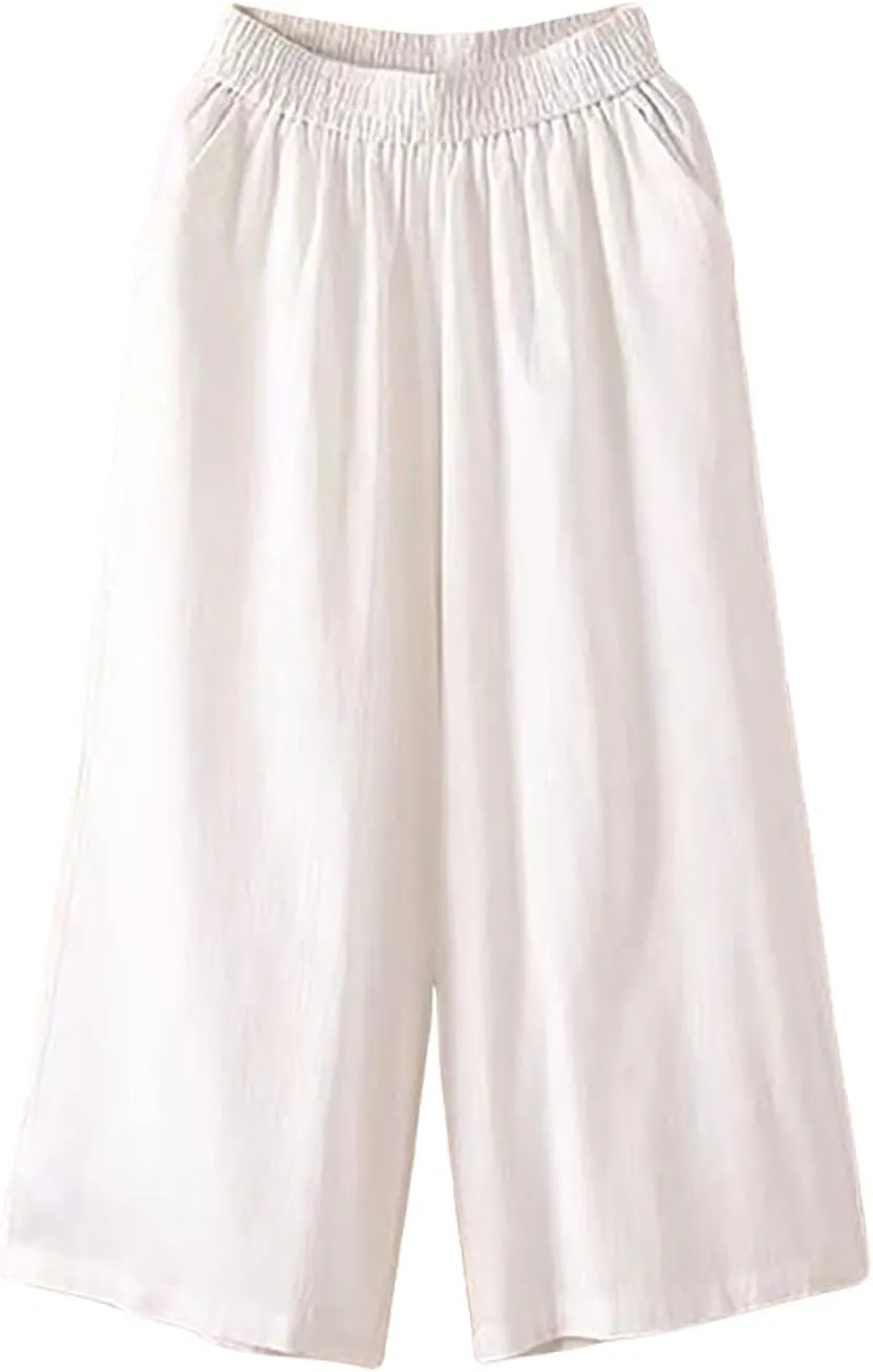 GOFULY Womens Cotton Linen Pants Wide Leg Casual Drawstring Elastic Waist Palazzo Pants Plus Size Trousers Pants with Pockets