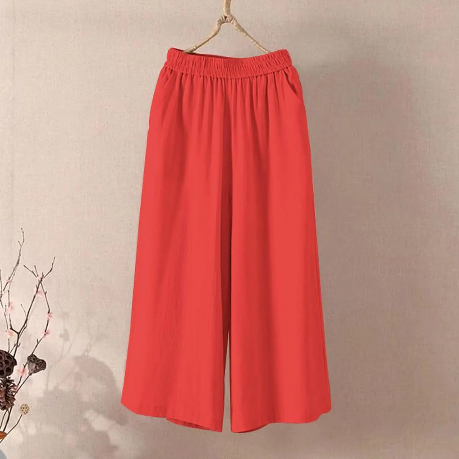GOFULY Womens Cotton Linen Pants Wide Leg Casual Drawstring Elastic Waist Palazzo Pants Plus Size Trousers Pants with Pockets