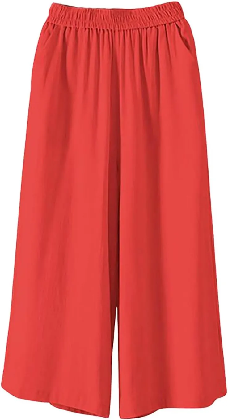 GOFULY Womens Cotton Linen Pants Wide Leg Casual Drawstring Elastic Waist Palazzo Pants Plus Size Trousers Pants with Pockets