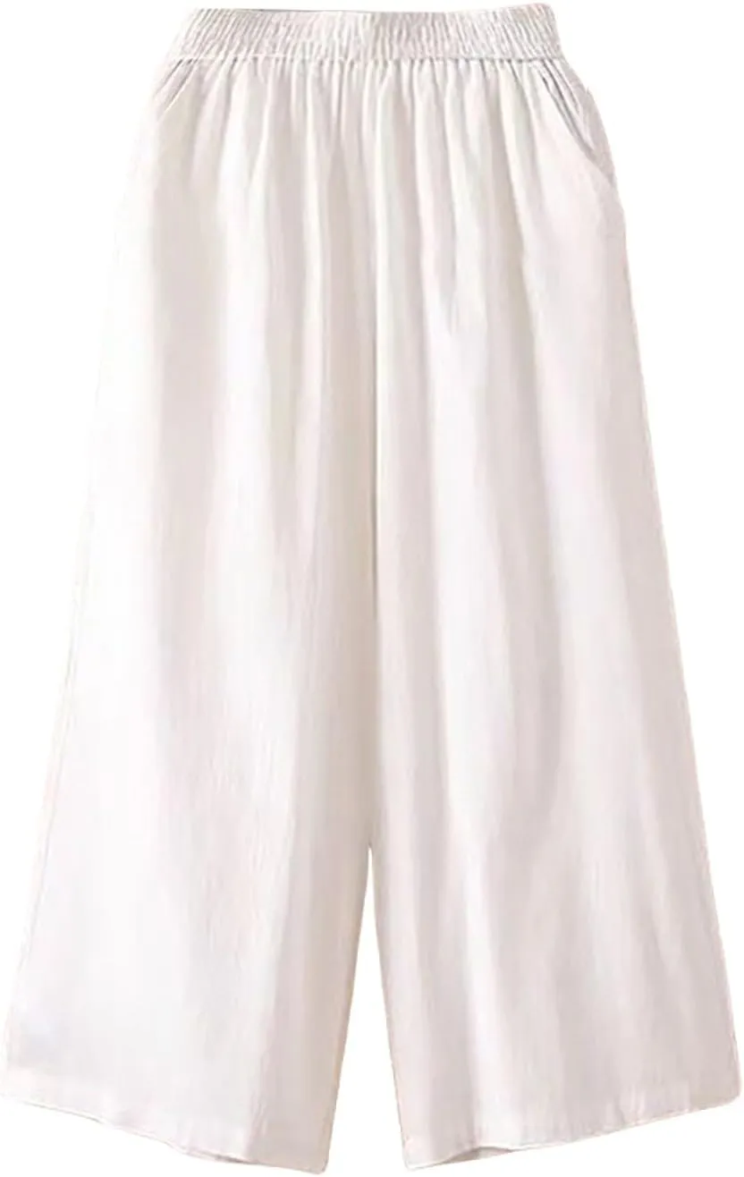 GOFULY Womens Cotton Linen Pants Wide Leg Casual Drawstring Elastic Waist Palazzo Pants Plus Size Trousers Pants with Pockets