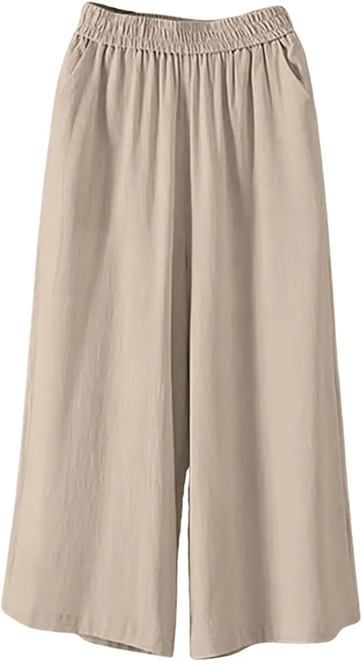 GOFULY Womens Cotton Linen Pants Wide Leg Casual Drawstring Elastic Waist Palazzo Pants Plus Size Trousers Pants with Pockets