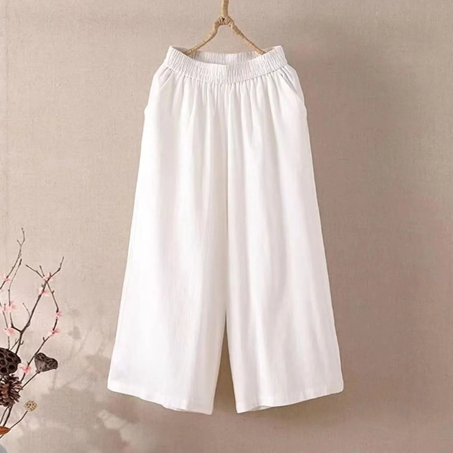GOFULY Womens Cotton Linen Pants Wide Leg Casual Drawstring Elastic Waist Palazzo Pants Plus Size Trousers Pants with Pockets
