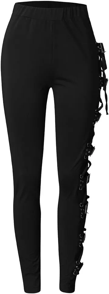 Gothic Punk Pants for Women Plus Size Side Lacing High Waisted Skinny Leggings Trendy Lounge Straight Slim Fitted Trousers