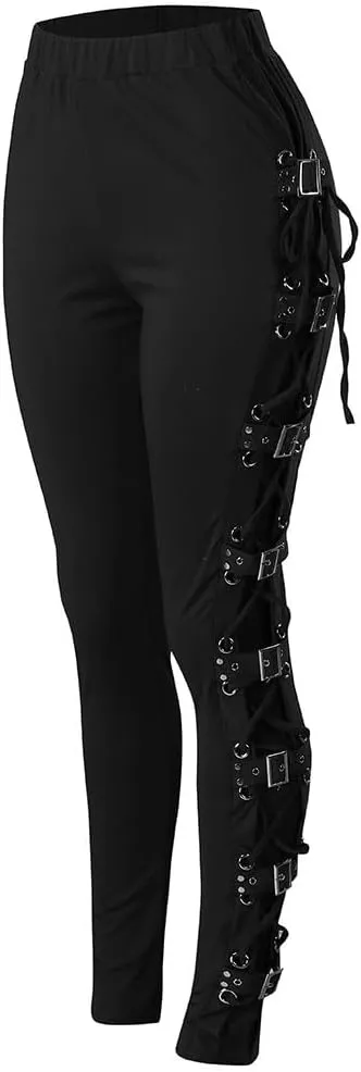 Gothic Punk Pants for Women Plus Size Side Lacing High Waisted Skinny Leggings Trendy Lounge Straight Slim Fitted Trousers