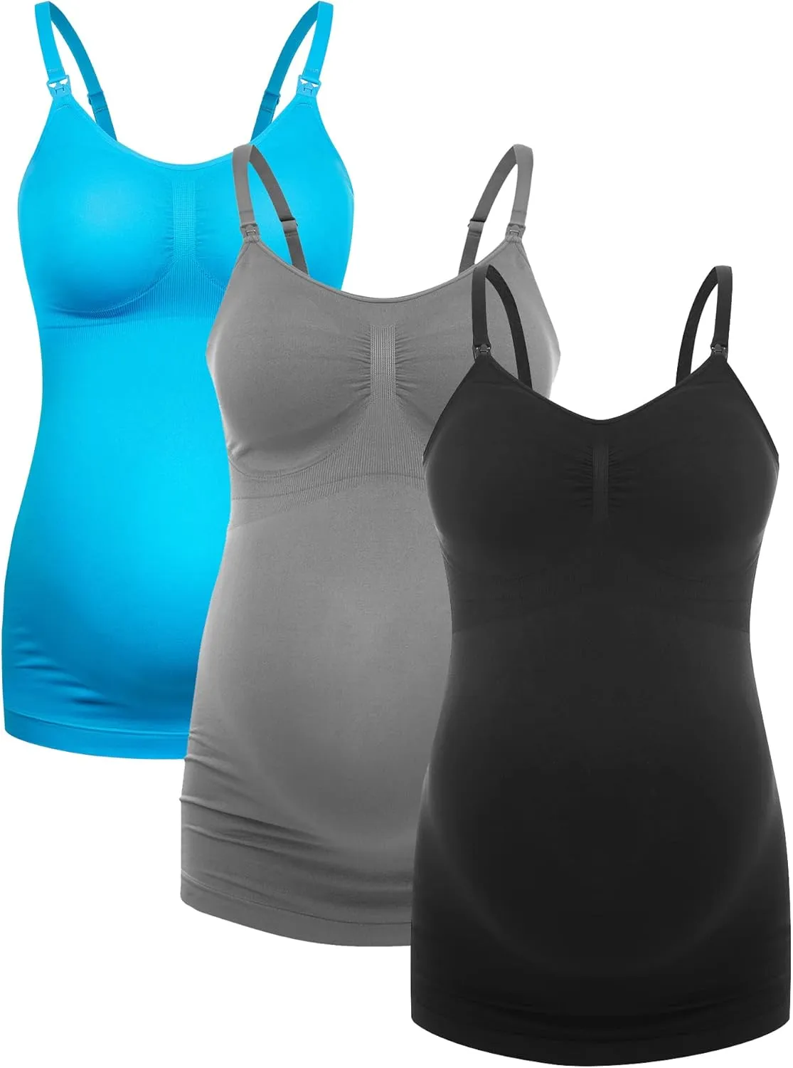 HOFISH Support Nursing Tank Tops for Breastfeeding, Comfort Stretch Maternity Camisoles with Built in Bra BlackGreyLightBlue M