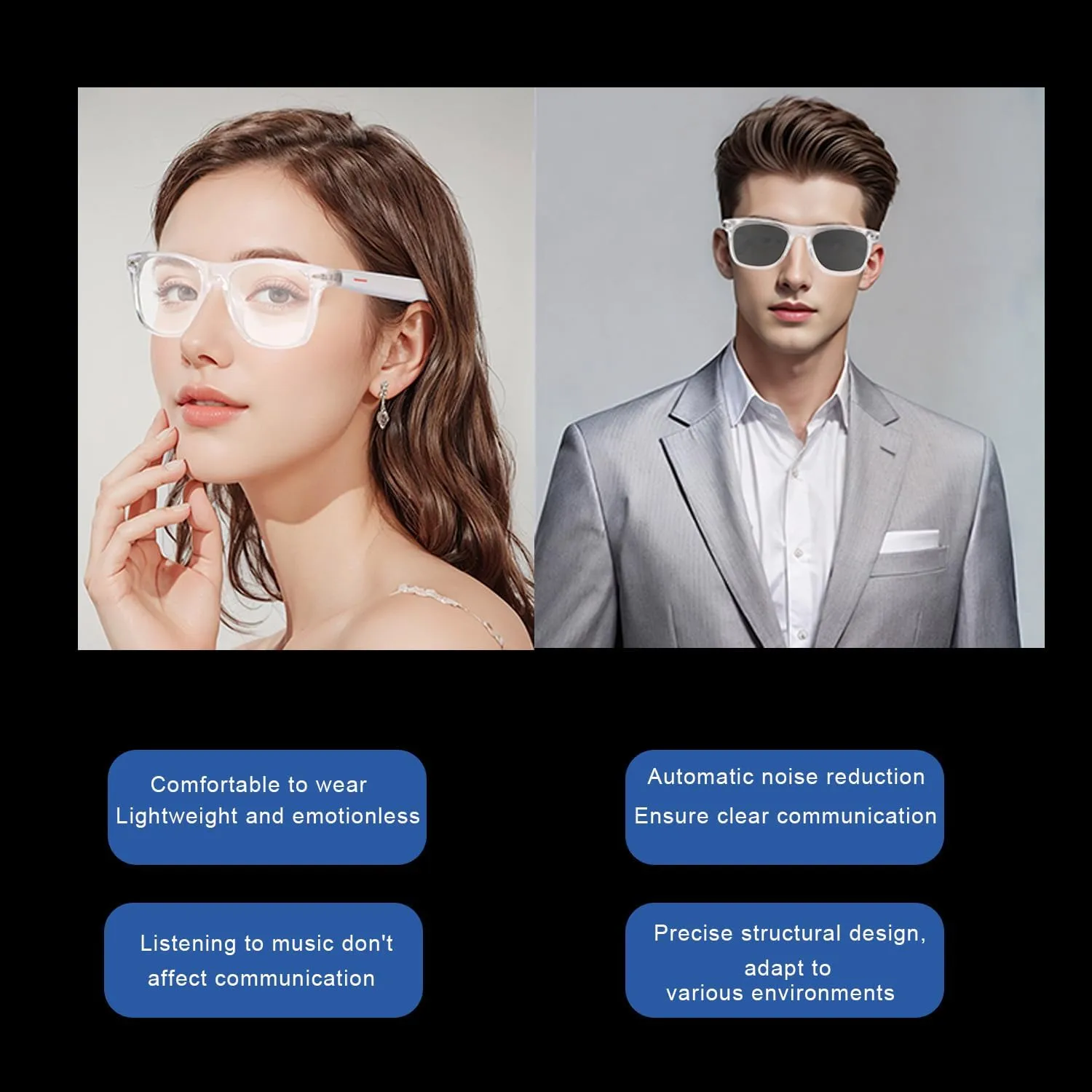 IVY TWS Smart Bluetooth Audio Glasses - Glesses Lens Kits (Blue Light Blocking & Sunglasses & Pink & Blue) for Office Outdoor Sports Drive - Smart Glasses for Men & Women - White Frame