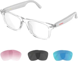 IVY TWS Smart Bluetooth Audio Glasses - Glesses Lens Kits (Blue Light Blocking & Sunglasses & Pink & Blue) for Office Outdoor Sports Drive - Smart Glasses for Men & Women - White Frame