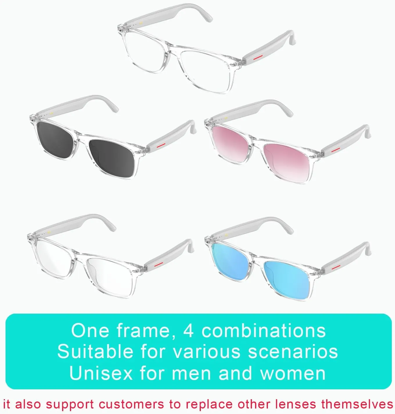 IVY TWS Smart Bluetooth Audio Glasses - Glesses Lens Kits (Blue Light Blocking & Sunglasses & Pink & Blue) for Office Outdoor Sports Drive - Smart Glasses for Men & Women - White Frame
