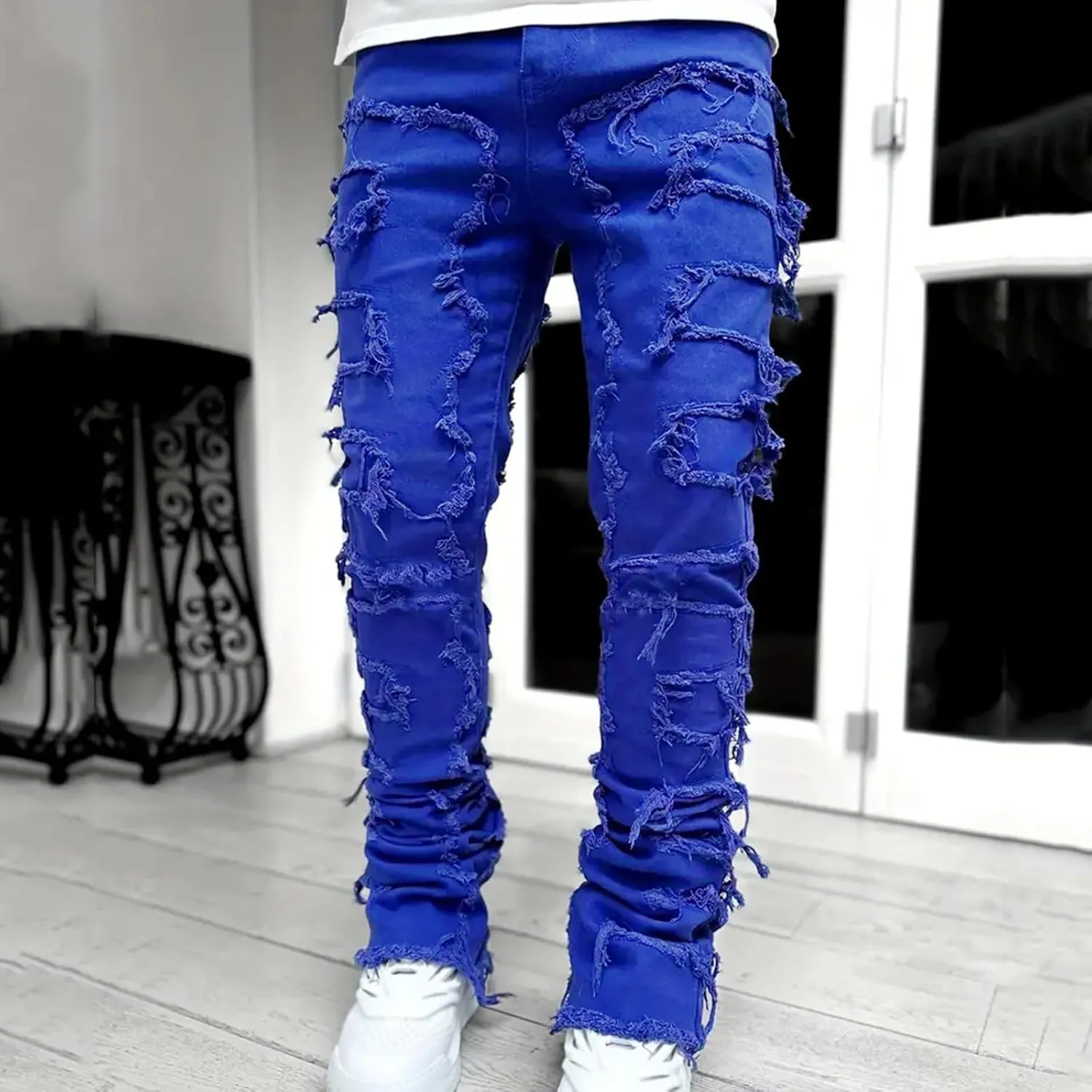 Jeans for Men Regular Fit Men's Slim Fit Stretch Jeans Distressed Patchwork Stacked Frayed Straight Leg Skinny Denim