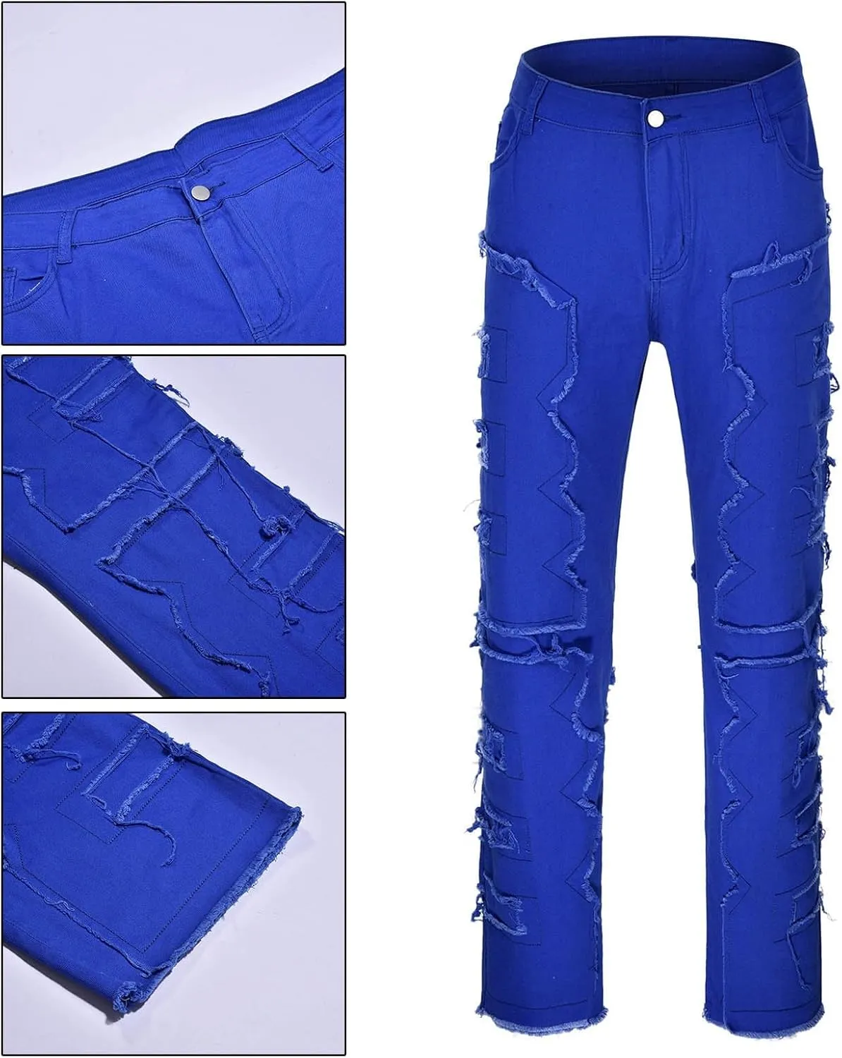Jeans for Men Regular Fit Men's Slim Fit Stretch Jeans Distressed Patchwork Stacked Frayed Straight Leg Skinny Denim
