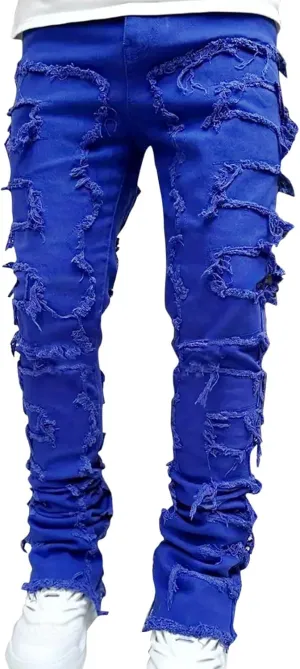 Jeans for Men Regular Fit Men's Slim Fit Stretch Jeans Distressed Patchwork Stacked Frayed Straight Leg Skinny Denim
