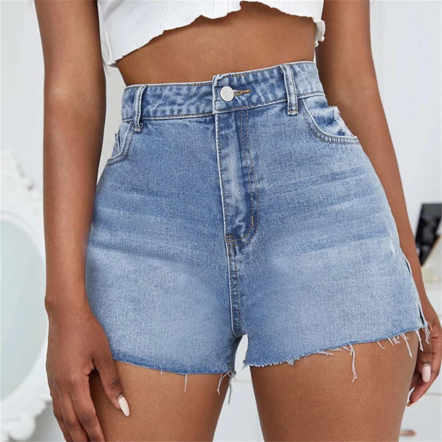 JEKE-DG Women's High-Waisted Jeans Shorts Casual Summer Stretchy Jeans Frayed Raw Hem Ripped Summer Denim Shorts