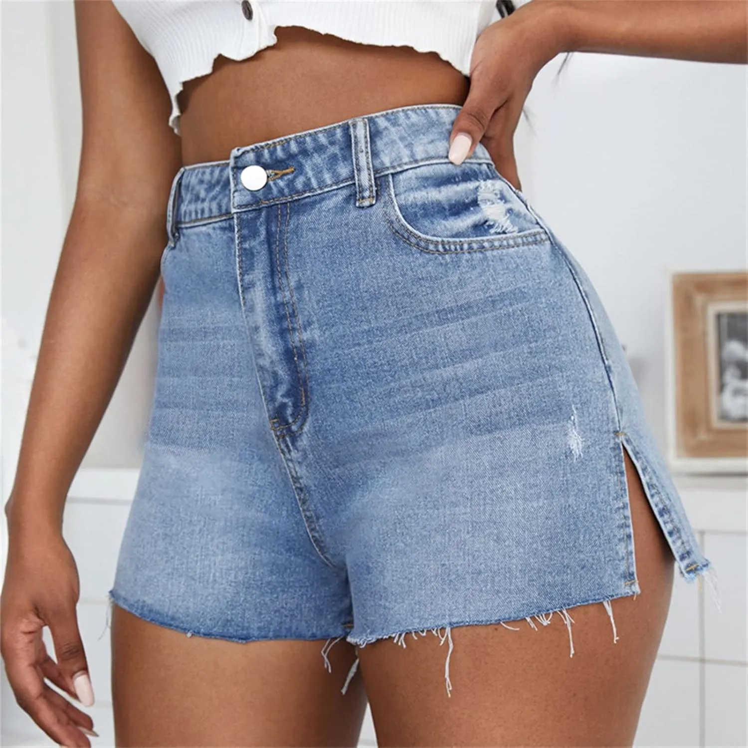 JEKE-DG Women's High-Waisted Jeans Shorts Casual Summer Stretchy Jeans Frayed Raw Hem Ripped Summer Denim Shorts