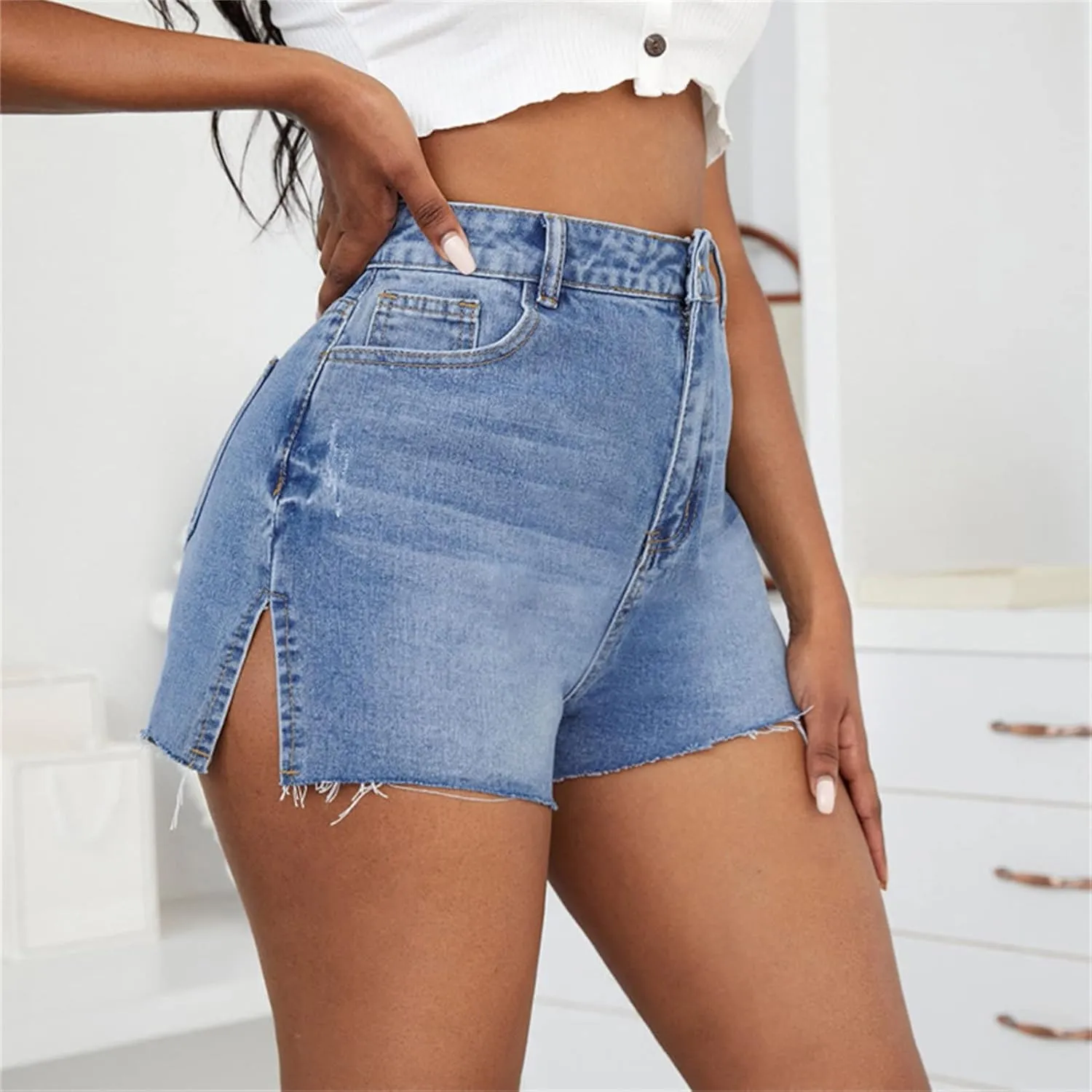 JEKE-DG Women's High-Waisted Jeans Shorts Casual Summer Stretchy Jeans Frayed Raw Hem Ripped Summer Denim Shorts