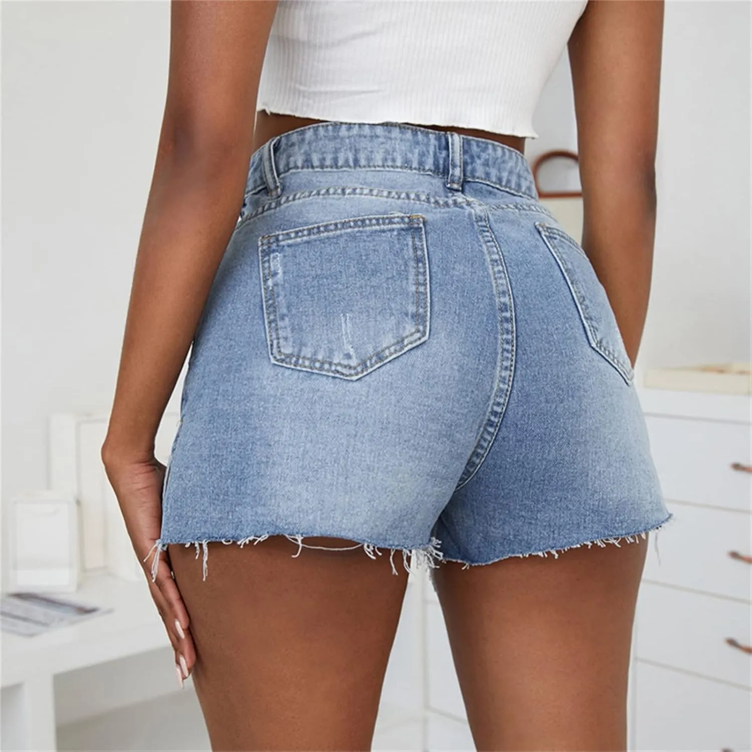 JEKE-DG Women's High-Waisted Jeans Shorts Casual Summer Stretchy Jeans Frayed Raw Hem Ripped Summer Denim Shorts