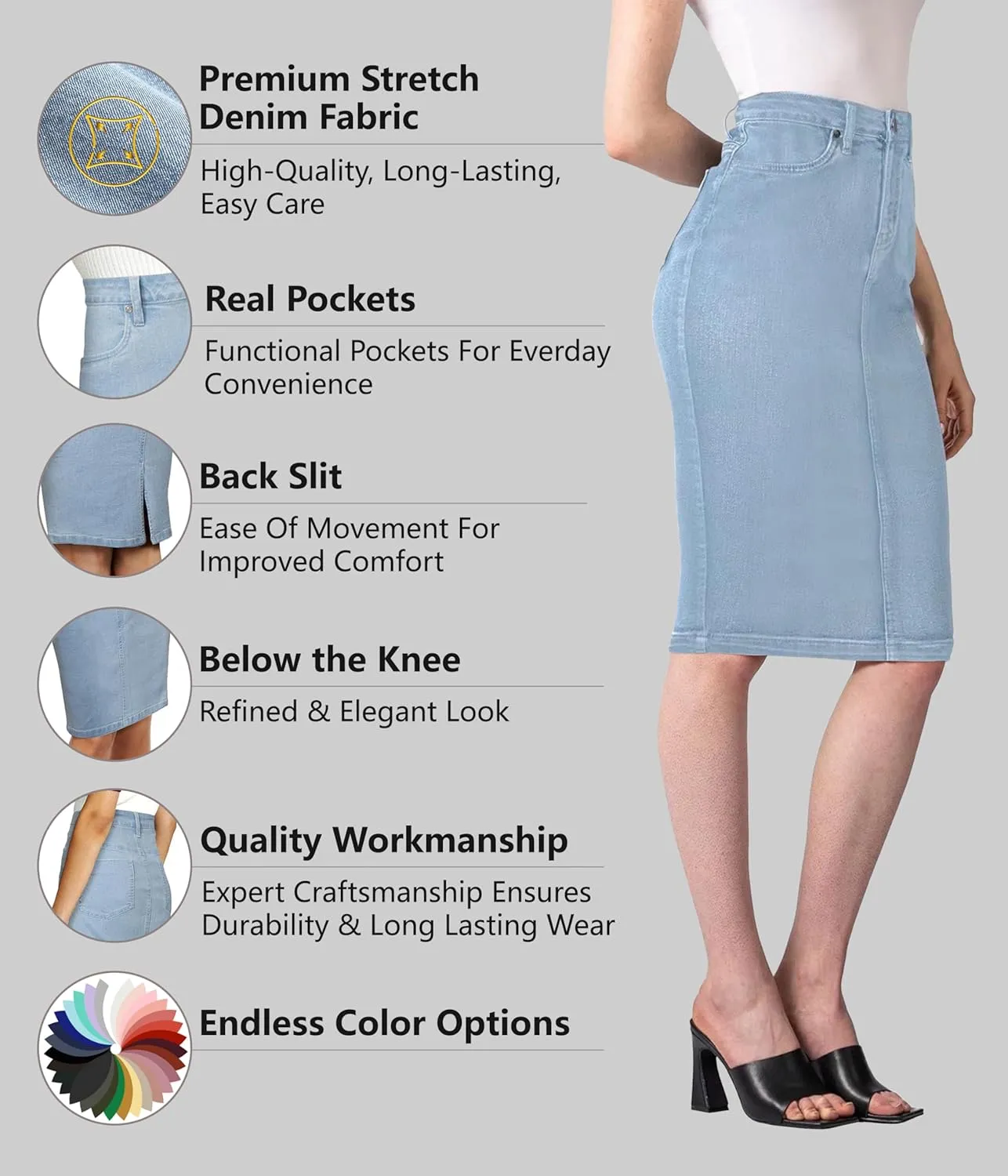 Lexi Womens Super Comfy Stretch Denim Skirt