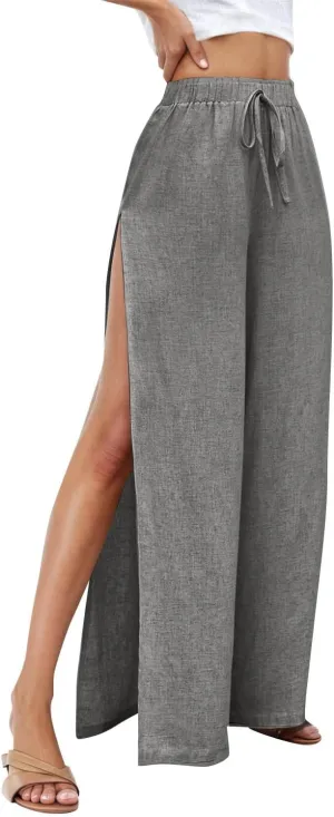 Linen Pants for Women Beach Wide Leg Side Split Ankle Palazzo Pants Drawstring Elastic Waist Summer Flowy Trousers