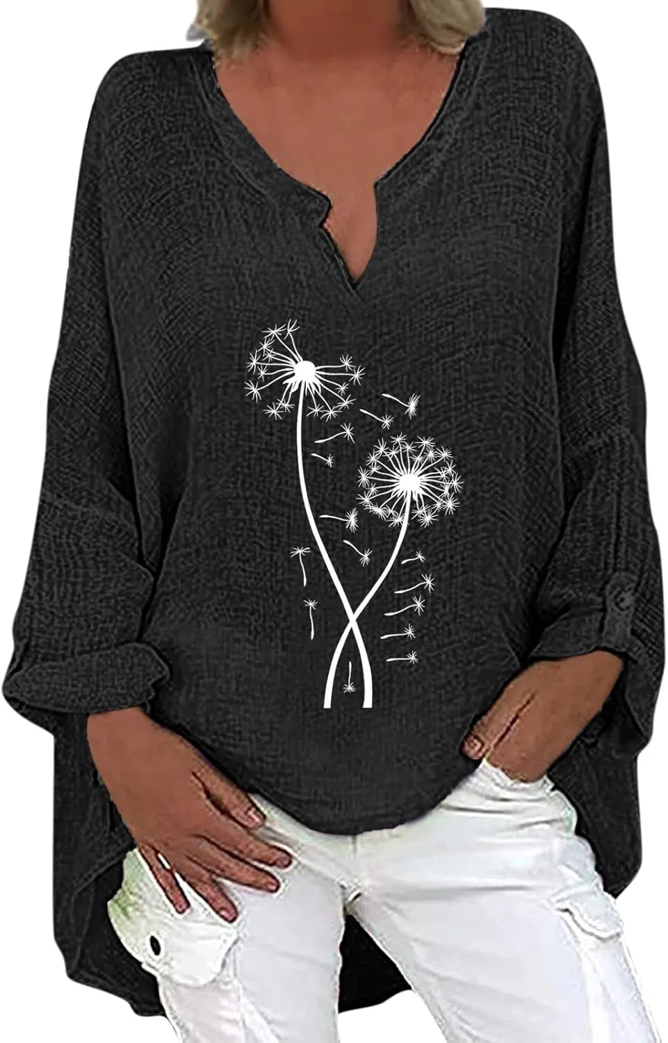 Linen Shirt Women Casual Cotton V Neck Solid Color Comfy Dressy Shirts Top Soft Long Sleeve Trendy Comfy Blouses