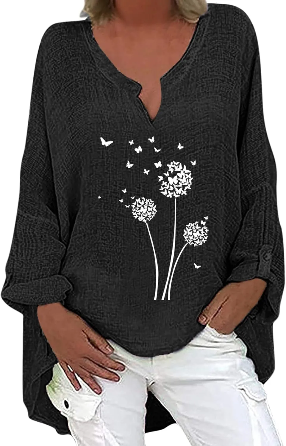 Linen Shirt Women Casual Cotton V Neck Solid Color Comfy Dressy Shirts Top Soft Long Sleeve Trendy Comfy Blouses