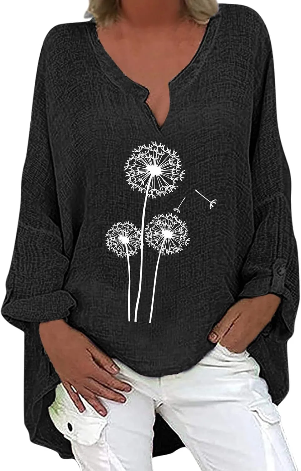 Linen Shirt Women Casual Cotton V Neck Solid Color Comfy Dressy Shirts Top Soft Long Sleeve Trendy Comfy Blouses