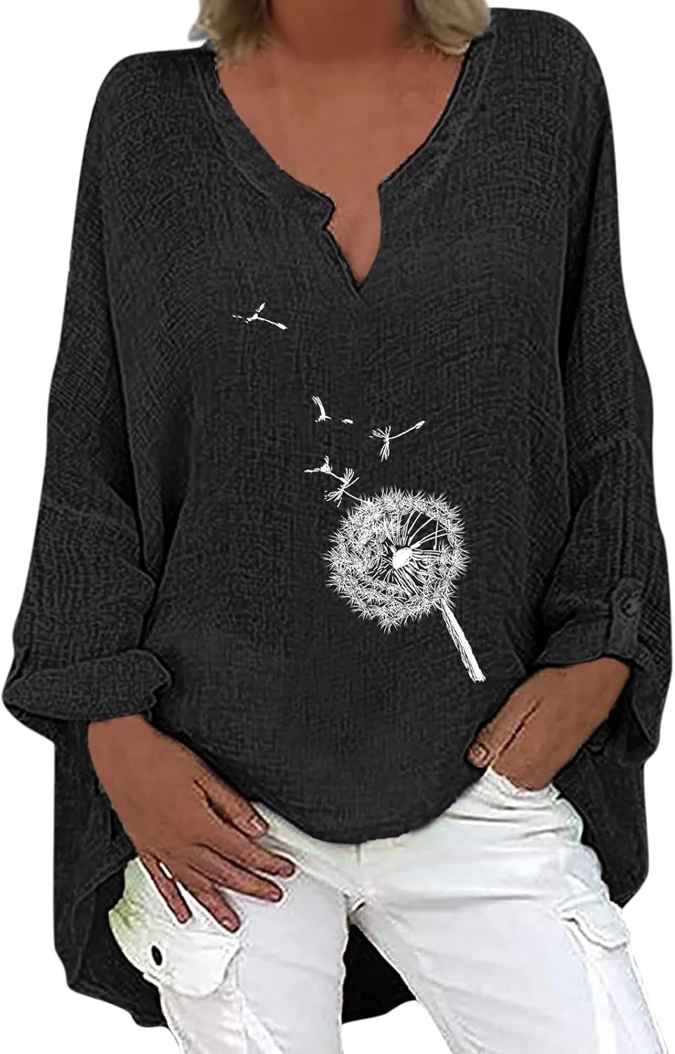 Linen Shirt Women Casual Cotton V Neck Solid Color Comfy Dressy Shirts Top Soft Long Sleeve Trendy Comfy Blouses
