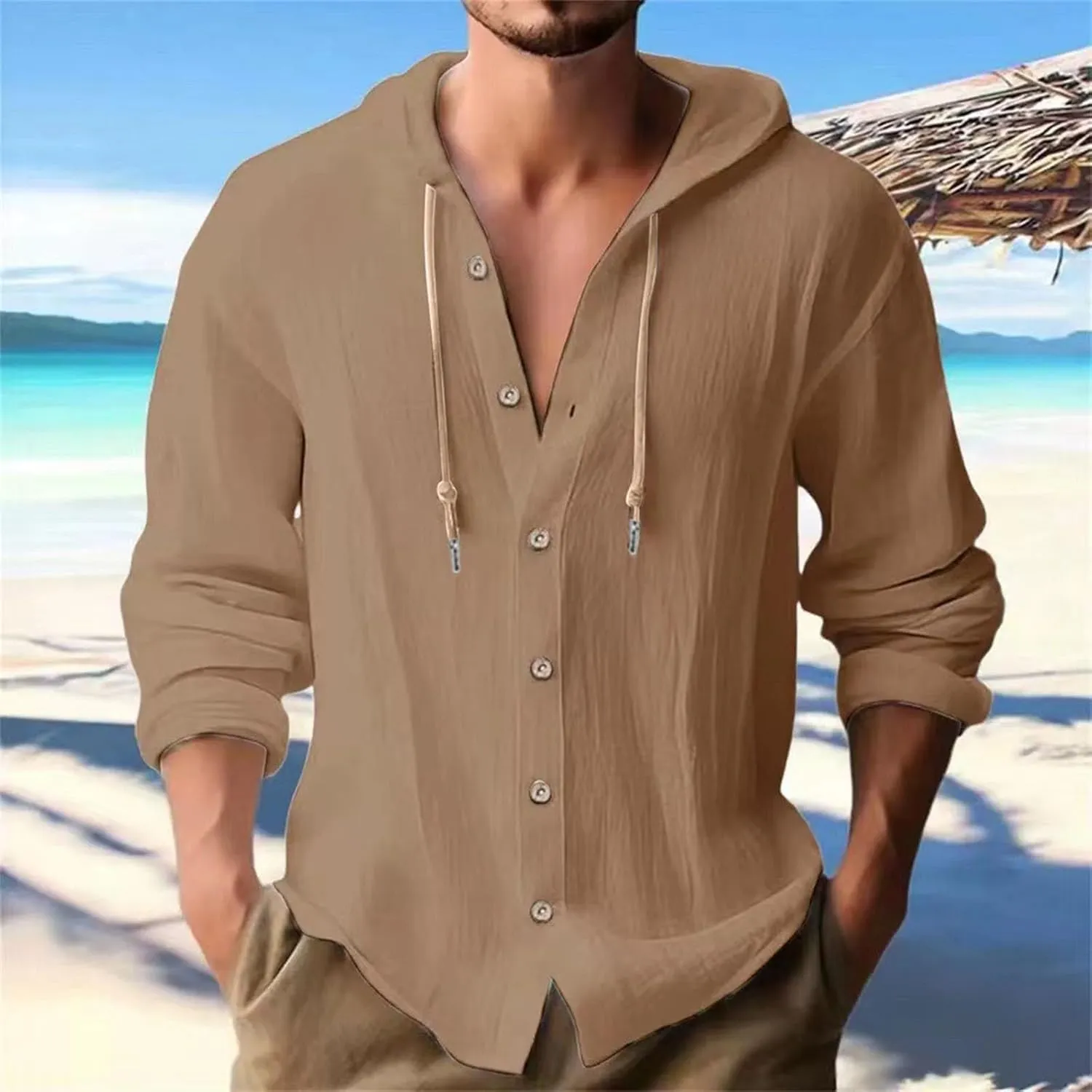 Linen Shirts for Men Casual Button Shirts Summer Cotton Linen Drawstring Hoodie Beach Long Sleeve Shirts Top with Hood