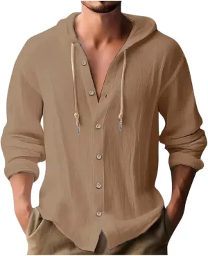 Linen Shirts for Men Casual Button Shirts Summer Cotton Linen Drawstring Hoodie Beach Long Sleeve Shirts Top with Hood