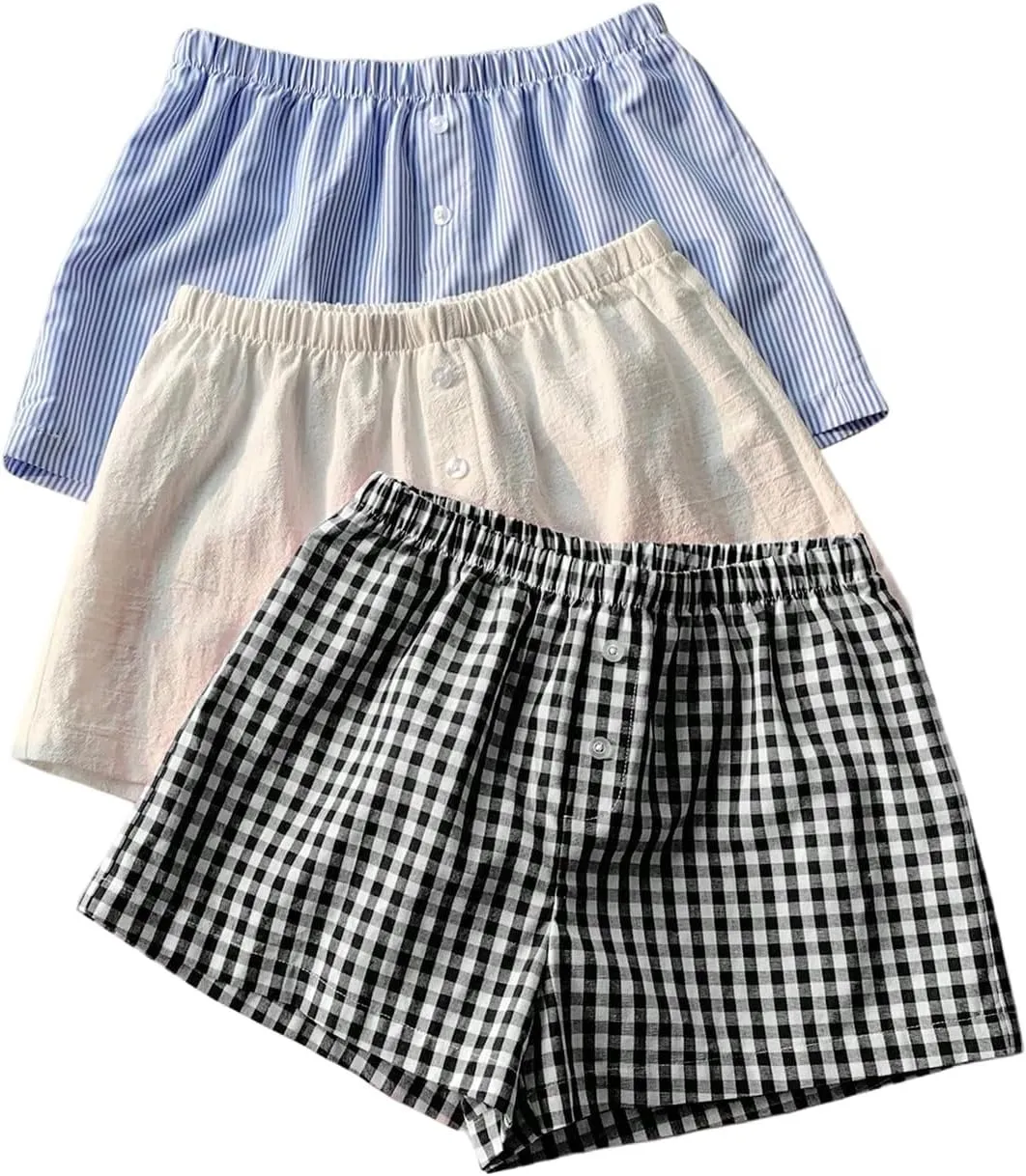 MakeMeChic Women's 3 Pack Linen Shorts Summer Comfy Sleep Pajama Boxer Shorts