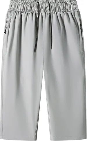 Men Big and Tall Capri Pants 3/4 Below Knee Long Shorts Elastic Waist Jogging Gym Beach Cropped Pants with Pockets