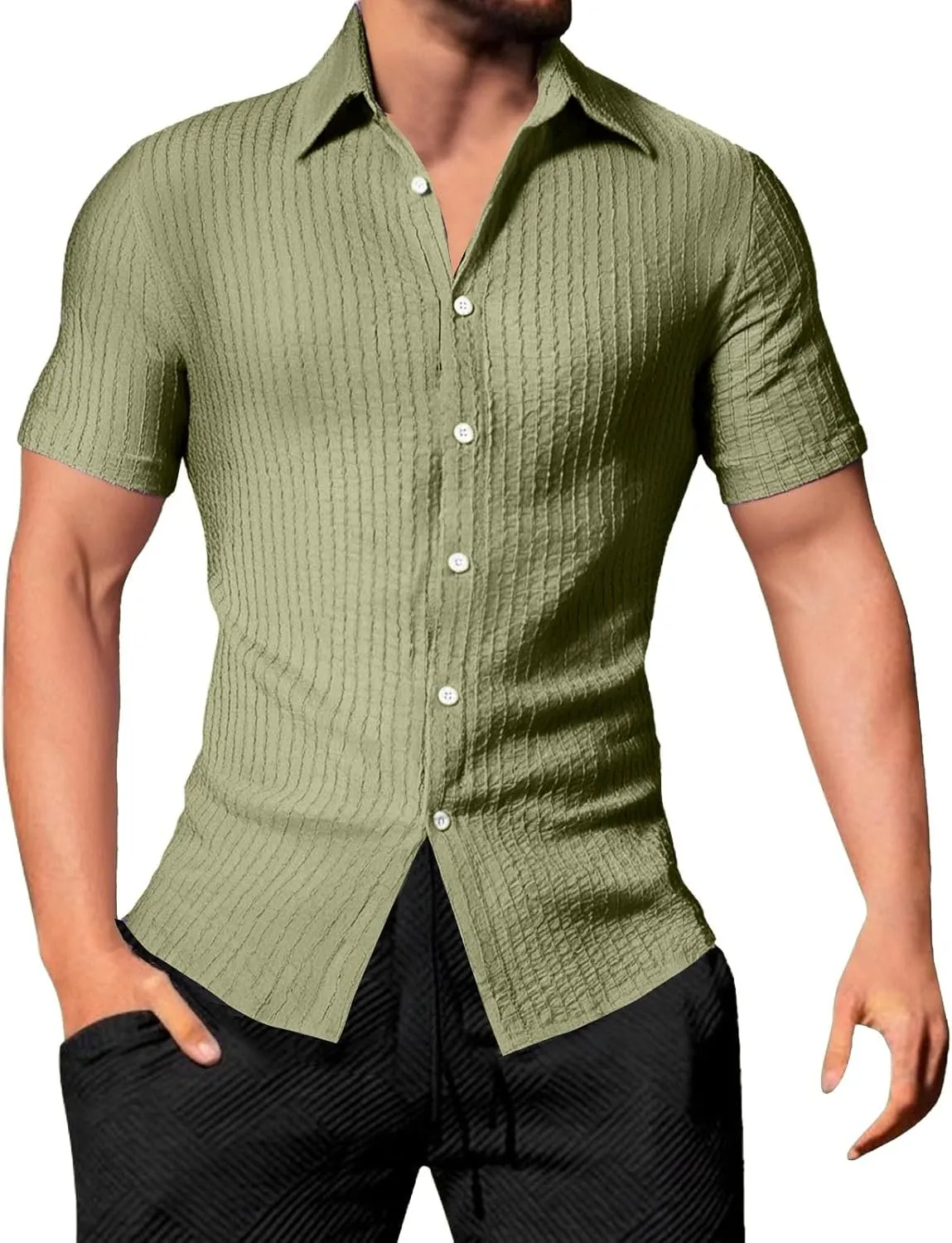 Men's Button Down Shirts Short Sleeve Casual Dress Shirts Summer Solid Beach Vacation Shirts 2025 Summer