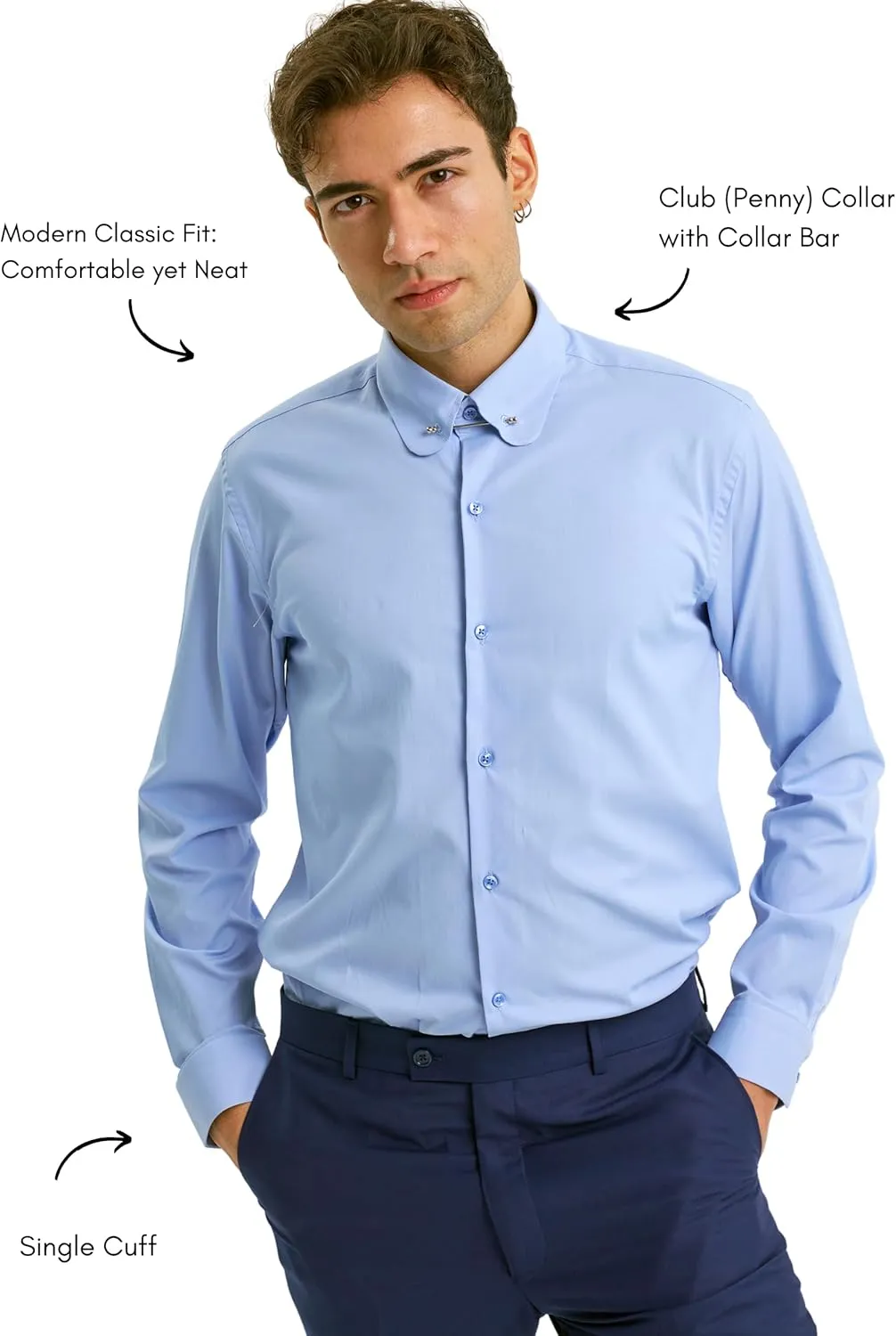 Men's Club Collar Dress Shirt with Pin Collar Bar | Long Sleeve | Button-Up Stylish Formal