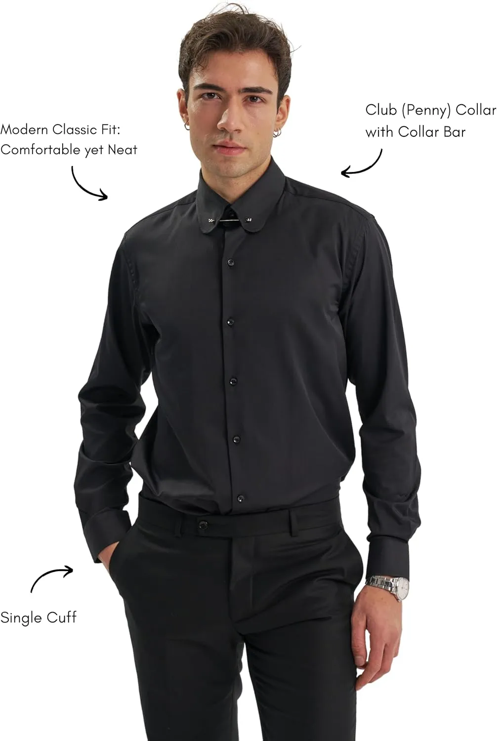 Men's Club Collar Dress Shirt with Pin Collar Bar | Long Sleeve | Button-Up Stylish Formal