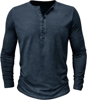Mens Distressed Henley Shirts Classic Retro Long Sleeve Cotton Tee Shirts Casual Button Down Washed T-Shirts