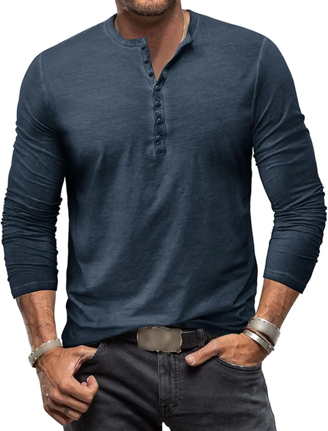 Mens Distressed Henley Shirts Classic Retro Long Sleeve Cotton Tee Shirts Casual Button Down Washed T-Shirts