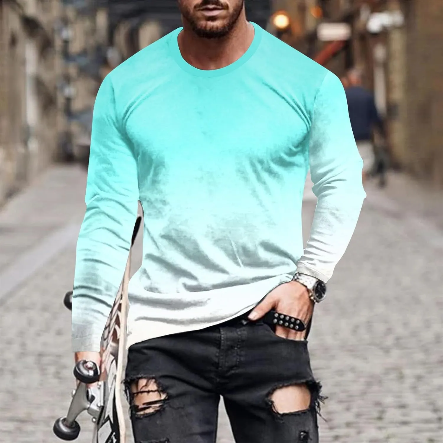 Men's Fashion Gradient Printed Shirts Long Sleeve Round Neck Pullover Athletic Workout Shirts Running Sport Shirts