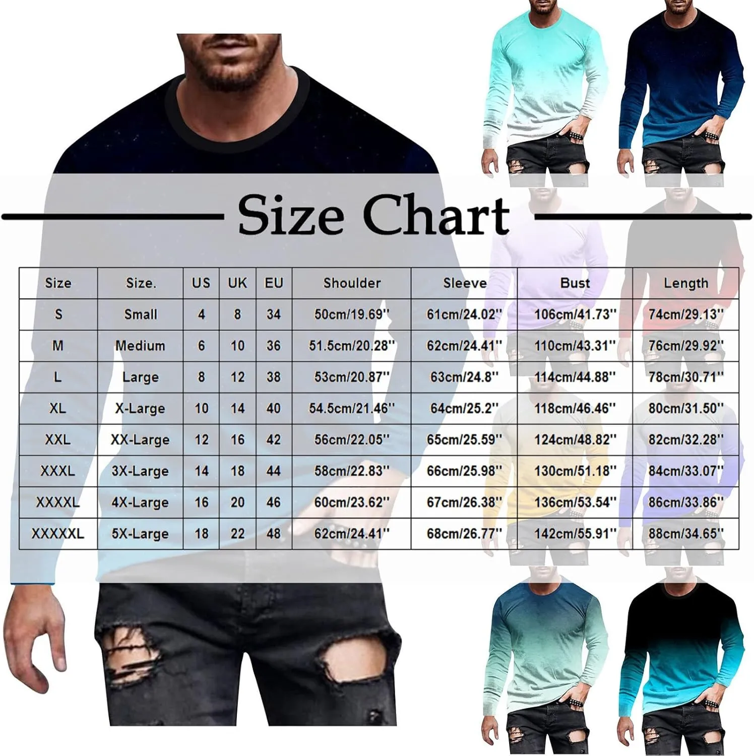 Men's Fashion Gradient Printed Shirts Long Sleeve Round Neck Pullover Athletic Workout Shirts Running Sport Shirts