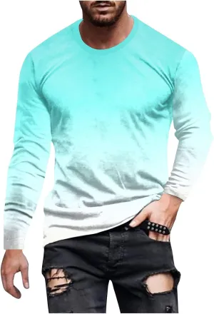 Men's Fashion Gradient Printed Shirts Long Sleeve Round Neck Pullover Athletic Workout Shirts Running Sport Shirts