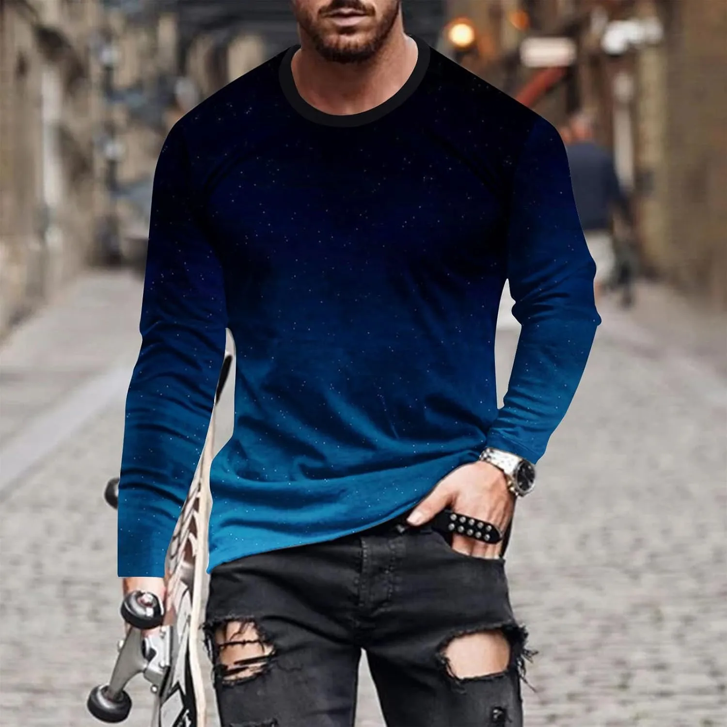 Men's Fashion Gradient Printed Shirts Long Sleeve Round Neck Pullover Athletic Workout Shirts Running Sport Shirts